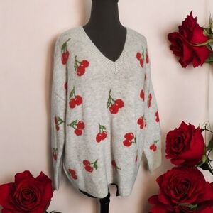 CeCe V-Neck Sweater with Red Cherry Design